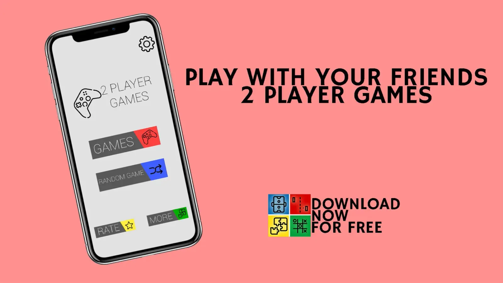 2 Player Games — the game menu, Tic-Tac-Toe, Air Hockey and Pong being played by two people on one phone